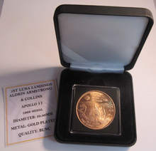 Load image into Gallery viewer, 1969 APOLLO 11 1ST LUNA LANDINGS GOLD PLATED BUNC MEDAL CAPSULE BOX &amp; COA
