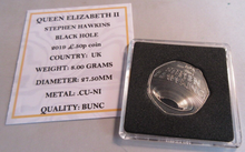 Load image into Gallery viewer, 2019 STEPHEN HAWKINS BLACK HOLE QEII BUNC 50P FIFTY PENCE COIN QUAD CAPSULE &amp;COA
