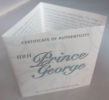 Load image into Gallery viewer, 2013 QEII HRH PRINCE GEORGE 1OZ SILVER PROOF COIN IN ORIGINAL BOX WITH COA
