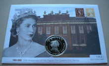 Load image into Gallery viewer, 2002 50TH ANNIVERSARY HM THE QUEEN&#39;S FIRST STAMPS 50p CROWN COIN COVER PNC
