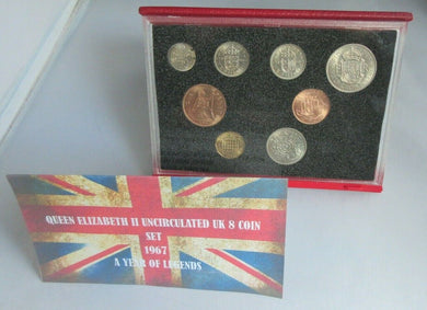 1967 QUEEN ELIZABETH II PRE DECIMAL 8 COIN SET BU IN HARD CASE &ROYAL MINT BOOK