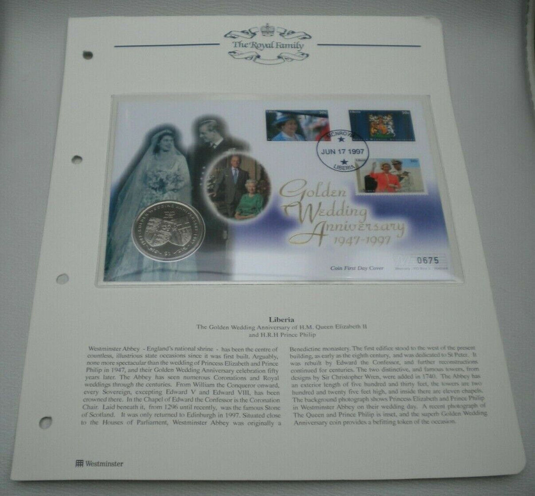 1947-1997 GOLDEN WEDDING ANNIVERSARY BUNC $1 DOLLAR COIN FIRST DAY COVER PNC