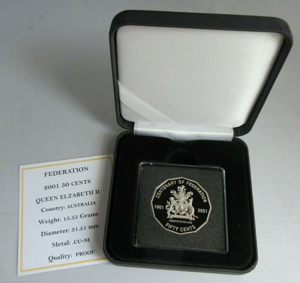 2001 QUEEN ELIZABETH II CENTENARY OF FEDERATION AUSTRALIA PROOF 50 CENTS BOX&COA