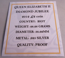 Load image into Gallery viewer, 2012 £2 QEII DIAMOND JUBILEE SILVER PROOF BIOT TWO POUND COIN BOX &amp; COA
