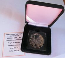 Load image into Gallery viewer, 1996 DANIEL BOON PIONEERS OF THE WEST PROOF LIBERIA $1 ONE DOLLAR COIN BOX &amp; COA
