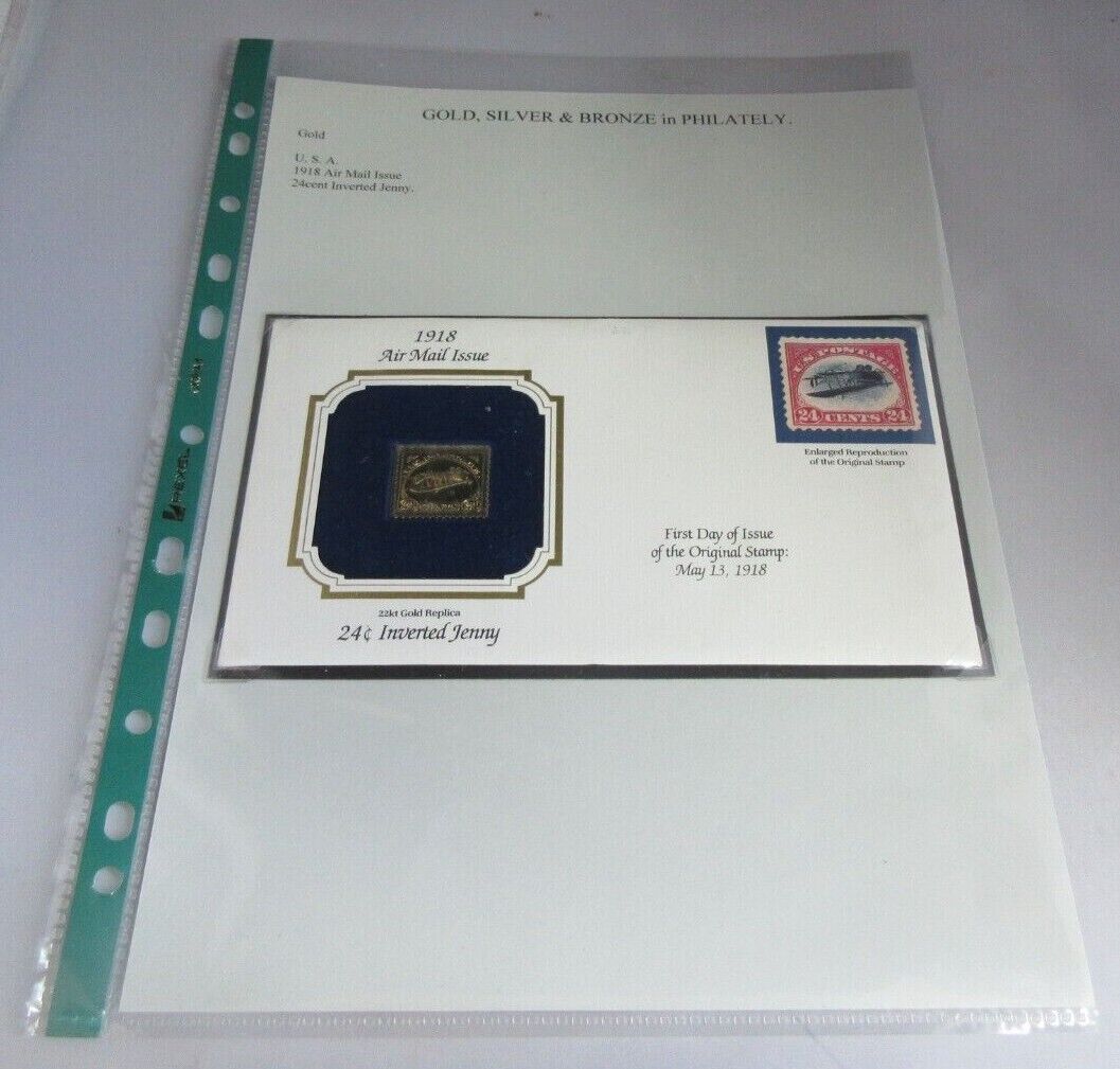 1918 AIR MAIL ISSUE INVERTED JENNY GOLD PLATED 24C STAMP COVER FDC