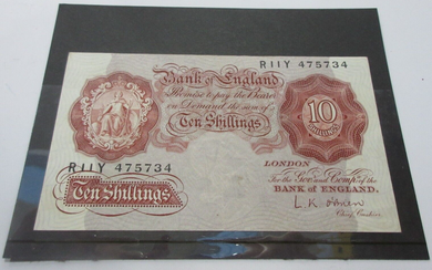 1955 BANK OF ENGLAND O'BRIEN VF+-EF 10 SHILLING BANK NOTE R11Y 475734