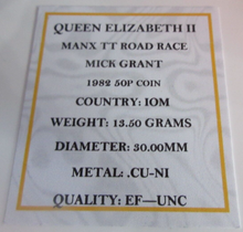 Load image into Gallery viewer, 1982 QEII MANX TT ROAD RACE MICK GRANT MINT MARK AA FIFTY PENCE COIN BOX &amp; COA
