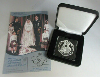 2007 DIAMOND WEDDING ANNIVERSARY SILVER PROOF ALDERNEY £5 FIVE POUND CROWN&BOX