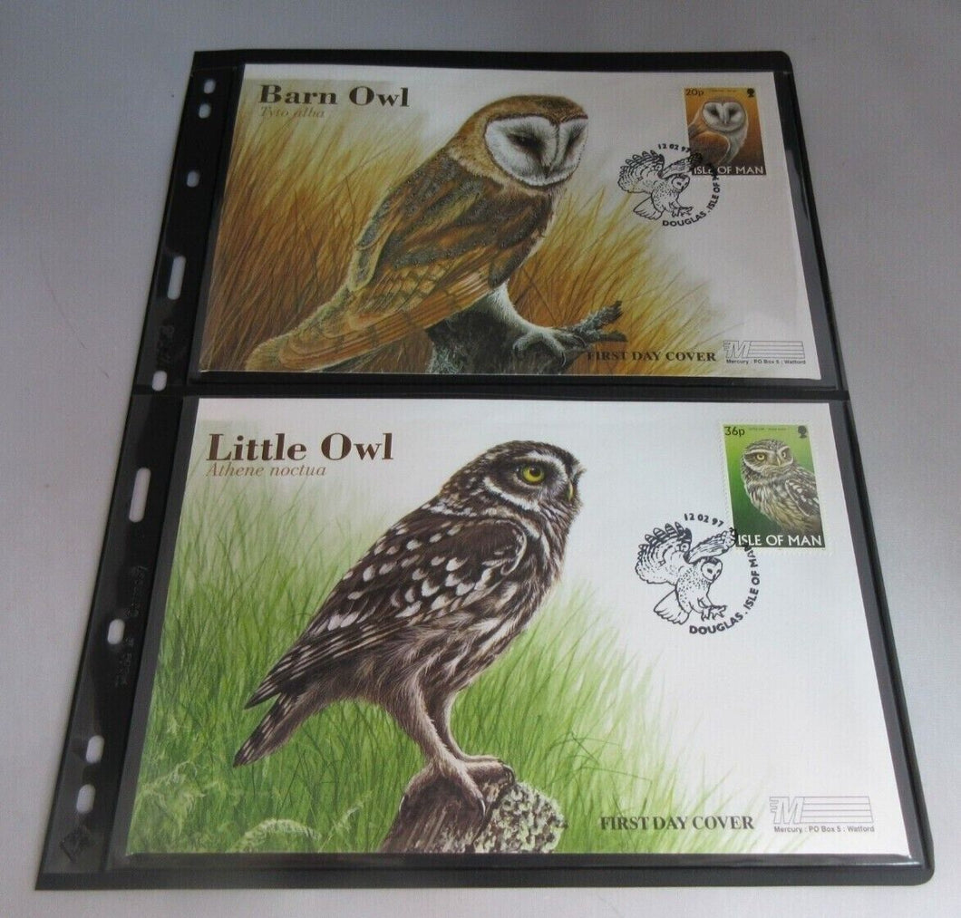 1997 BARN OWL & LITTLE OWL PAIR OF FIRST DAY COVERS IOM STAMPS WITH ALBUM SHEET