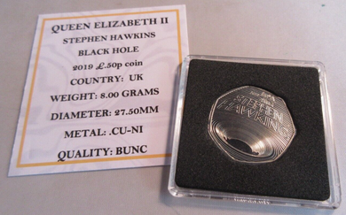 2019 STEPHEN HAWKINS BLACK HOLE QEII BUNC 50P FIFTY PENCE COIN QUAD CAPSULE &COA