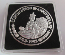 Load image into Gallery viewer, 1993 QEII CORONATION ANNIVERSARY SILVER PROOF 20 CROWNS COIN BOX &amp; COA
