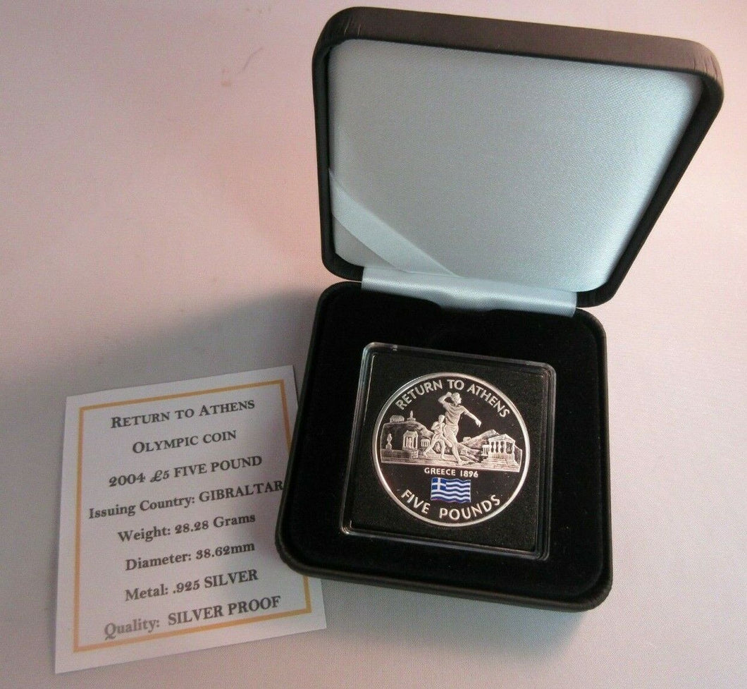 2004 RETURN TO ATHENS OLYMPIC COIN GIBRALTAR SILVER PROOF £5 COIN BOX & COA
