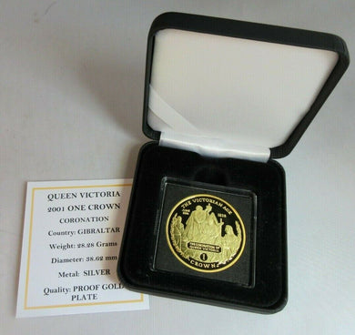 2001 QUEEN VICTORIA GOLD PLATED SILVER PROOF GIBRALTAR ONE CROWN COIN BOX & COA