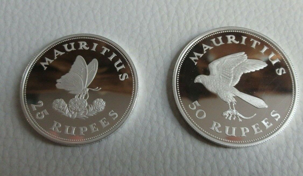 MAURITIUS CONSERVATION 1975 ROYAL MINT SILVER PROOF 50 & 25 RUPEES MINT