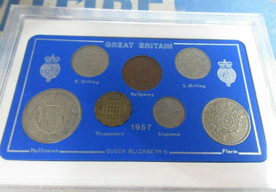 UK 1957 QUEEN ELIZABETH II 7 COIN SET IN CLEAR CASE ROYAL MINT BOOK OPTIONAL