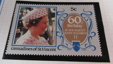 Load image into Gallery viewer, 1986 QUEEN ELIZABETH II 60TH BIRTHDAY GRENADINES ST VINCENT STAMPS &amp; ALBUM SHEET
