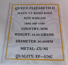 Load image into Gallery viewer, 1983 QEII MANX TT ROAD RACE RON HASLAM MINT MARK AA FIFTY PENCE COIN BOX &amp; COA
