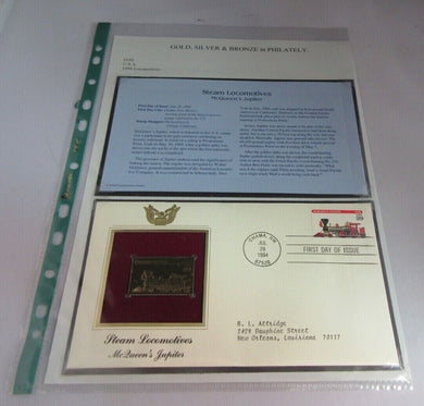 1994 USA STEAM LOCOMOTIVES McQUEEN'S JUPITER GOLD PLATED 29C STAMP COVER FDC
