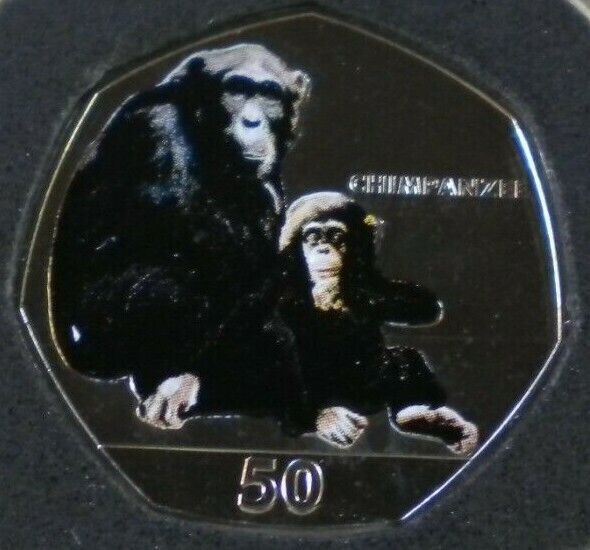 2018 PRIMATES OF GIBRALTAR COLOURED DIAMOND FINISH 50P COIN IN CAPSULE & POUCH