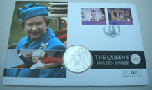 Load image into Gallery viewer, 2002 THE QUEEN&#39;S GOLDEN JUBILEE BAILIWICK  OF JERSEY £5 CROWN COVER PNC
