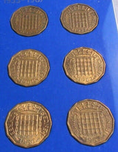 Load image into Gallery viewer, 1953-1967 QUEEN ELIZABETH II BRASS THREEPENCE 3d 15 COIN SET IN R/MINT BLUE BOOK
