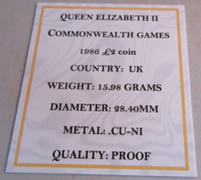 Load image into Gallery viewer, 1986 QEII COMMONWEALTH GAMES  UK ROYAL MINT PROOF £2 COIN BOXED WITH COA
