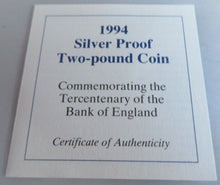 Load image into Gallery viewer, 1994 £2 TERCENTENARY OF THE BANK OF ENGLAND SILVER PROOF TWO POUND COIN BOXED
