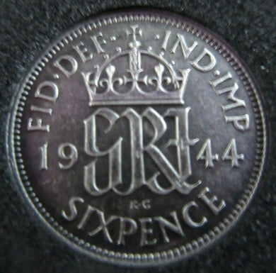 1944 KING GEORGE VI BARE HEAD .500 SILVER aUNC 6d SIXPENCE COIN IN CAPSULE