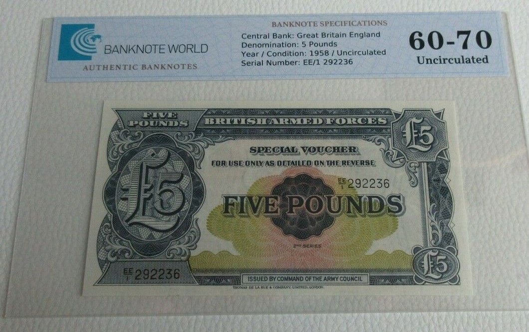 BRITAN ARMED FORCES £5 NOTE Uncirculated 1958 FIVE Pound GRADED EE1 292236