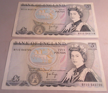 Load image into Gallery viewer, 1973 PAGE FIVE POUND £5 NOTES AUGUST 1973 7 CONSECUTIVE RUN UNC
