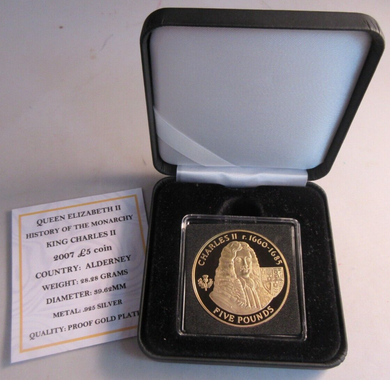 2007 QEII CHARLES II HISTORY OF THE MONARCHY ALDERNEY S/PROOF £5 COIN BOX & COA