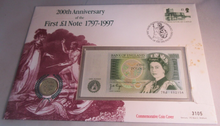 Load image into Gallery viewer, 1797-1997 200TH ANNIVERSARY FIRST £1 BANKNOTE £1 COIN COVER PNC, £1 STAMP

