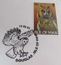 Load image into Gallery viewer, 1997 LONG-EARED OWL &amp; SNOWY OWL PAIR OF FIRST DAY COVERS IOM STAMPS ALBUM SHEET
