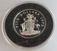 Load image into Gallery viewer, 1973 QEII COAT OF ARMS SILVER PROOF BAHAMA ISLANDS $5 COIN WITH COA
