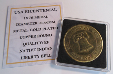 1976 USA BICENTENIAL NATIVE INDIAN LIBERTY BELL GOLD PLATED COPPER ROUND MEDAL