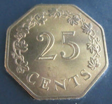 Load image into Gallery viewer, 1975 MALTA COAT OF ARMS FIRST ANNIVERSARY BUNC 25 CENTS COIN WITH INFO CARD
