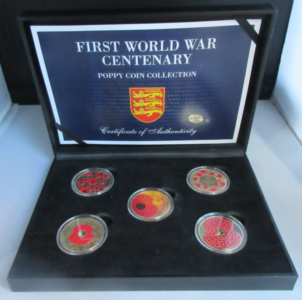 FIRST WORLD WAR CENTENARY POPPY COIN COLLECTION JERSEY 2014-2018 BOX & COA
