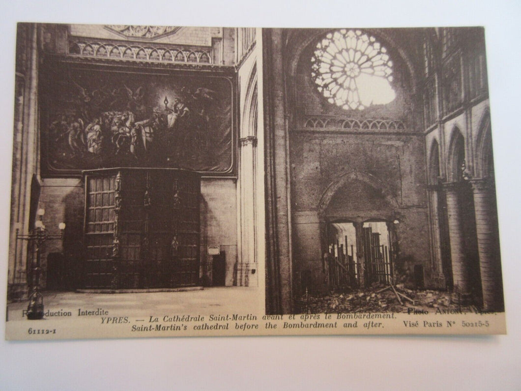 WWI POSTCARD YPRES SAINT MARTINS CATHEDRAL BEFORE & AFTER BOMBARDMENT A1