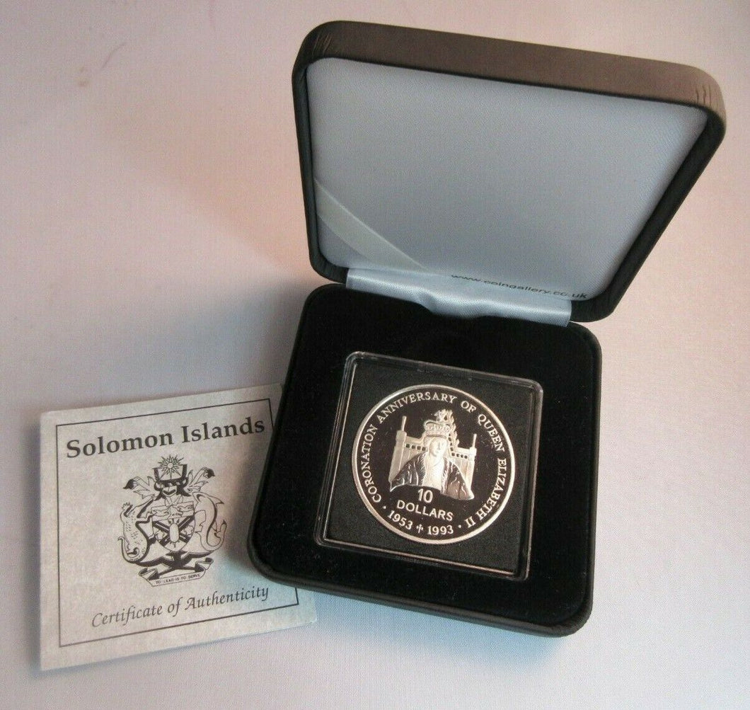 1992 CORONATION ANNIVERSARY SILVER PROOF SOLOMON ISLANDS 10 DOLLAR COIN BOX &COA