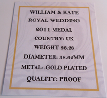 Load image into Gallery viewer, 2011 WILLIAM &amp; KATE ROYAL WEDDING GOLD PLATED MEDAL CAPSULE BOX &amp; COA
