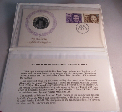 1973 ROYAL WEDDING PRINCESS ANNE SILVER PROOF MEDALLIC COVER -by John Pinches