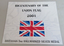 Load image into Gallery viewer, 2001 BRITANNIA THE BICENTENARY UK HALLMARKED SILVER PROOF 5oz COIN BOX AND COA
