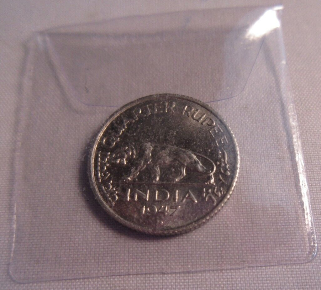 1947 KING GEORGE VI INDIA 1/4 RUPEE .500 SILVER VERY COLLECTABLE AUNC IN FLIP