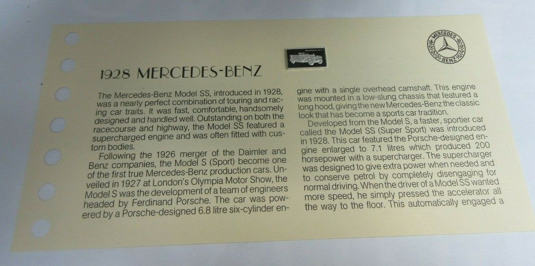 1928 MERCEDES-BENZ 15mm X 10mm 1.60gram SILVER INGOT WITH INFORMATION SLIP