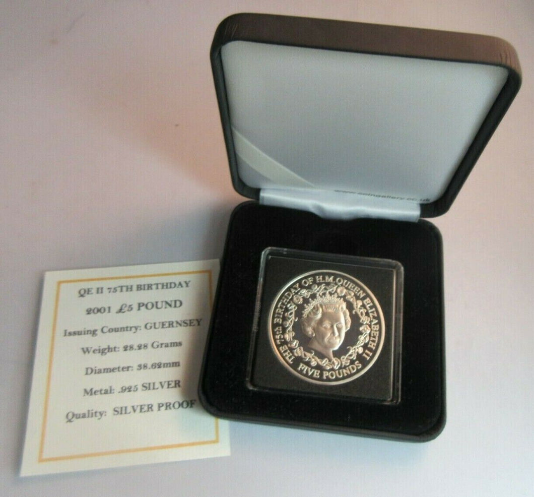 2001 QUEEN ELIZABETH II 75TH BIRTHDAY GUERNSEY SILVER PROOF £5 COIN BOX & COA
