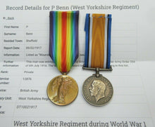 Load image into Gallery viewer, WWI 1914 - 1918 MEDAL PAIR TO PTE P.BENN WEST YORKSHIRE REG &amp; INFO SHEET WOUNDED
