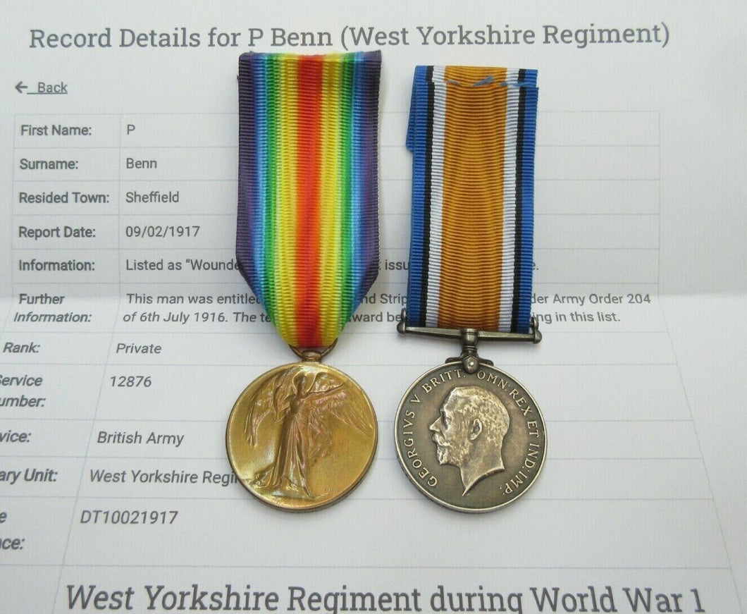 WWI 1914 - 1918 MEDAL PAIR TO PTE P.BENN WEST YORKSHIRE REG & INFO SHEET WOUNDED