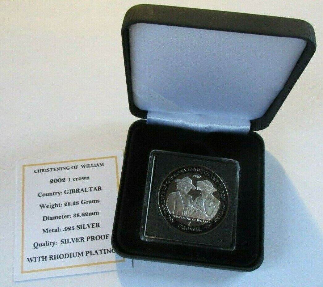 2002 QEQM CHRISTENING OF WILLIAM GIBRALTAR ONE CROWN SILVER PROOF WITH RHODIUM