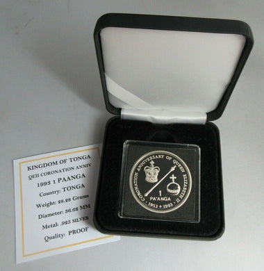 1993 KINGDOM OF TONGA QEII CORONATION ANNIV SILVER PROOF 1 PAANGA COIN BOX & COA